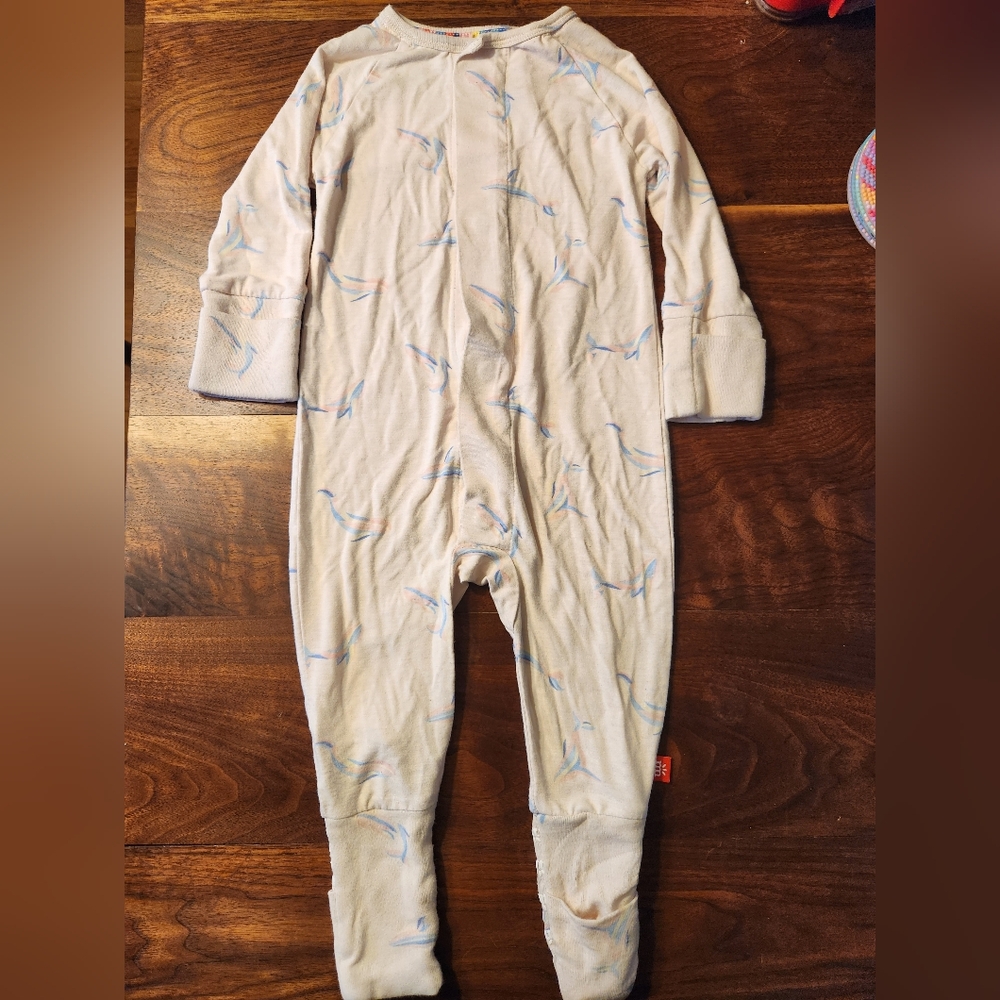 Magnetic Me Light Beige Footed One-Piece with Blue Whale Print